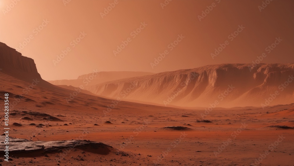 Wall mural mars - the crimson planet. surface features and atmospheric dust depicted in a rendering.