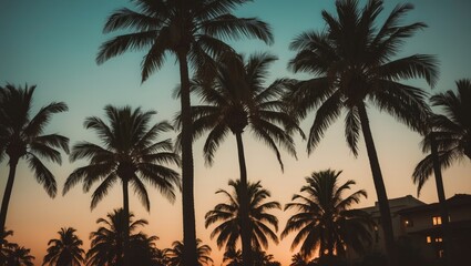 Silhouette of palm trees at twilight with a retro filter