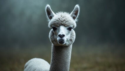 Fototapeta premium A medium silver gray alpaca, known as Lama pacos, gazes directly at the camera.