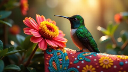 Naklejka premium hummingbird in Mexico surrounded by blooms and embroidery