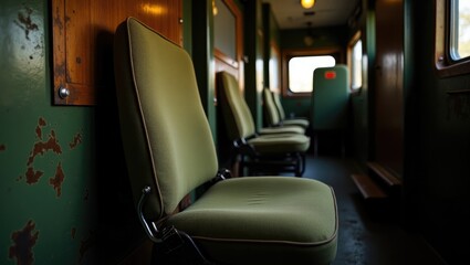 Vintage military aircraft interior featuring empty green chairs, evoking themes of war, survival, and the experiences of soldiers or veterans.