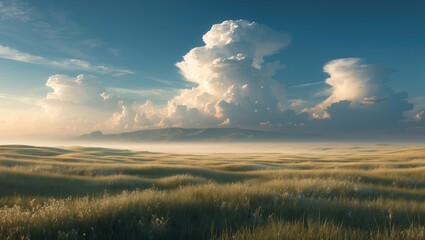 Mongolian steppe featuring a blue sky and cloud formations