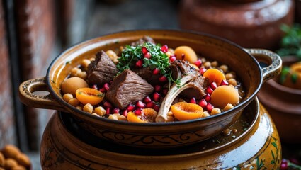 Lamb tagine featuring chickpeas, dried apricots, and pomegranate arils