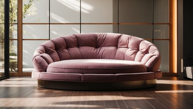 depictive living space featuring round sofa and glass wall with wooden edges
