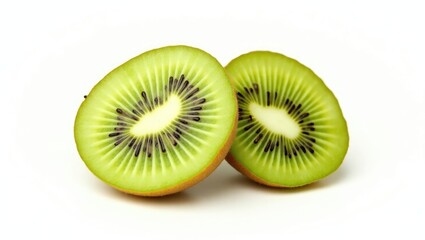 Fototapeta premium A single kiwi fruit displayed with green leaves and cross-sections against a white background, viewed from above.
