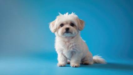 adorable small white dog against a blue studio backdrop. companion dog