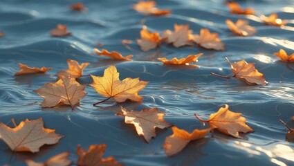 On a undulating surface adorned with tree leaves, captured in close-up. The tones of blue and gold dominate the image, with the veins of the leaves shimmering in gold. A gray backdrop is present.