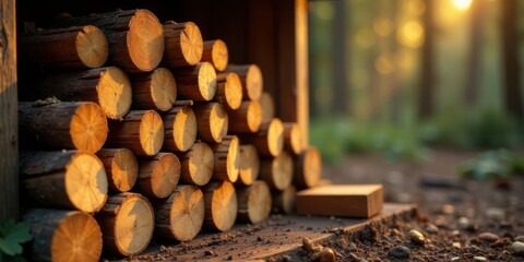 Golden Hour Woodpile  A Stack of Logs Bathed in Warm Sunlight Near a Rustic Wooden Structure in a Forest Setting