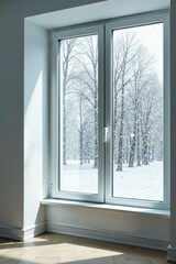Winter's Embrace A sunlit room's view of a snow-covered park seen through a modern window frame, showcasing the beauty of a serene winter landscape.