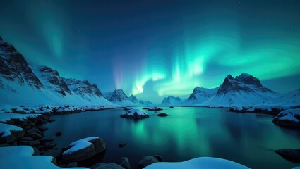 Naklejka premium Aurora borealis illuminating snow-laden peaks in the Lofoten archipelago, Norway. Starry heavens showcase polar lights reflected on the water, creating a serene winter night scene with snowy terrai...