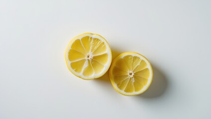 Half a lemon displayed alongside its whole counterpart on a light backdrop, viewed from above.