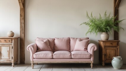farmhouse living room setup featuring a soft pink sofa, wooden cabinets, a green plant, and an unadorned wall for decoration.
