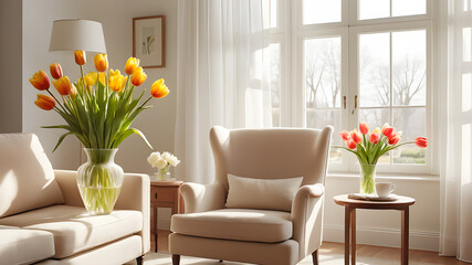 Fresh flowers in a vase, placed elegantly on a table. The vibrant colors of the blossoms brighten the room, adding a touch of natural beauty and freshness to the clean and organized space.
