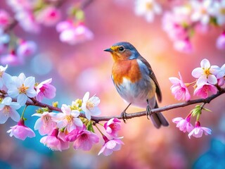 Fototapeta premium Long Exposure Cherry Blossom Bird Photography, Little Bird on Branch, Spring Nature, Floral Wildlife Image, Soft Focus, Dreamy, Peaceful