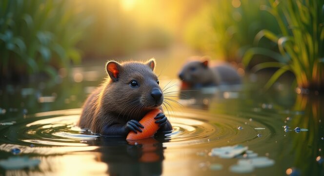 Large herbivorous semi-aquatic rodents feeding on carrots in the water, featuring two nutria.