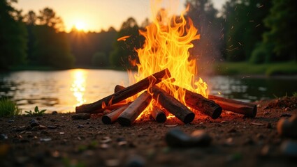 Summer solstice fire on the lakeside.