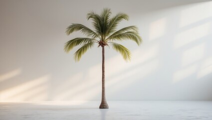 Obraz premium A coconut palm tree stands alone against a plain white backdrop, devoid of any coconuts.