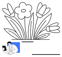 Blooming flower garden and professional reviewing data on a tablet. Ideal for growth, creativity, nature, productivity, sustainability, research, innovation. Minimal flat simple metaphor