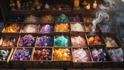 Stall displaying an array of natural gemstones in colorful boxes. Crystals for healing, meditation, spiritual practices, witchcraft, and rituals.