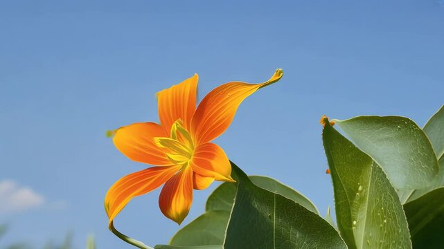 Bright Orange Clivia Miniata Flower Full Bloom Vivid Blue Sky Captured Ultra HD 4K Close Up Perspective