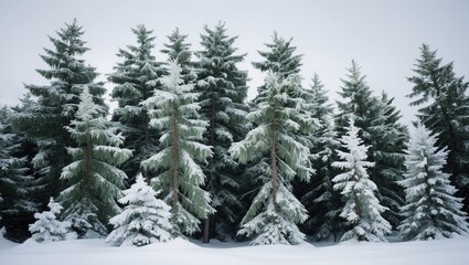 Fototapeta premium cluster of snow-laden spruce trees, isolated against a white backdrop
