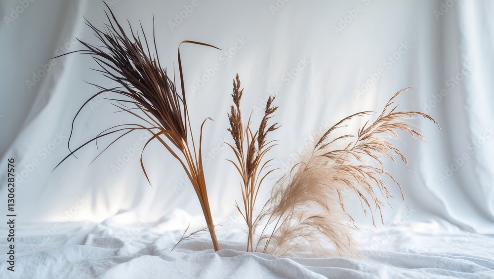 Poster Eliminate the vegetation. Isolated on a white backdrop, a cattail and various reed types are displayed. Use a professional clipping mask for precise composition, featuring bulrush and distaff.