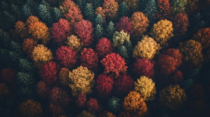Fototapeta premium Aerial view of colorful autumn forest with red, yellow, and green treetops