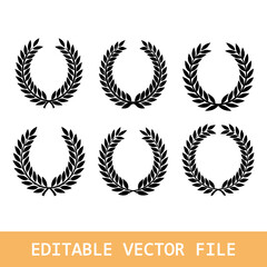 Fototapeta premium Black Chaplet Nominate Winner Silhouette Icon Set. Twig Achievement Tree Branch Leaf Victory Reward Certified. Circle Black Laurel Wreath Success Pictogram. Glory Crest. Isolated Vector Illustration