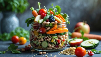 jar filled with nutritious homemade salads featuring a mix of vegetables, fruits, beans, and quinoa. selective focus and toning