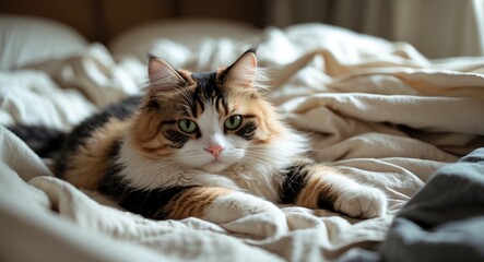 adorable fluffy tricolor cat lounging on the bed up close