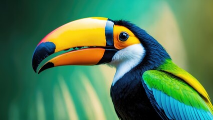 Fototapeta premium Vibrant image of a toucan perched against a lush green backdrop