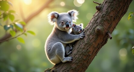 Fototapeta premium Mother koala with her baby ascending a tree amidst a green backdrop. Adorable parent koala carrying her little one.