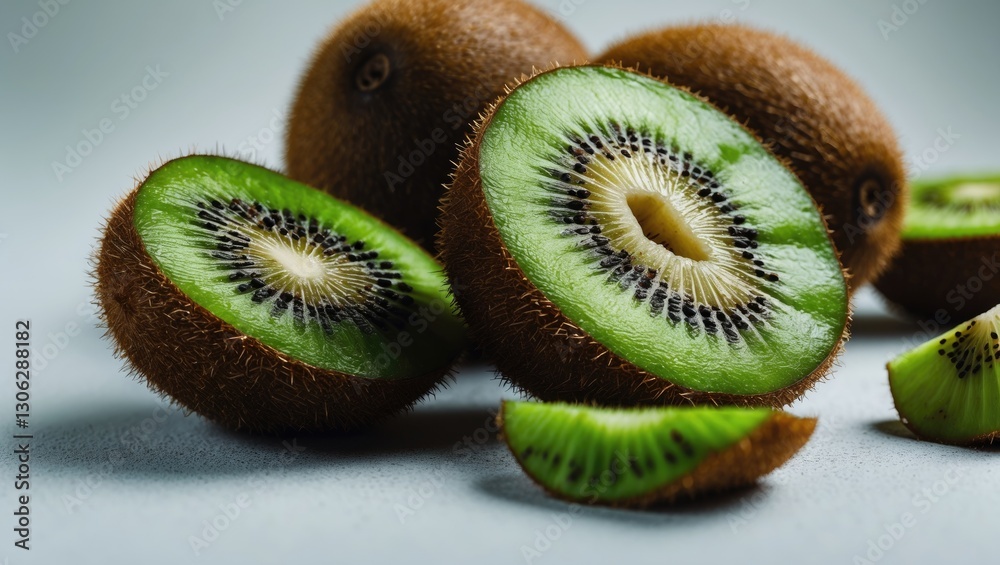 Poster close-up of both sliced and whole kiwis against a light background.