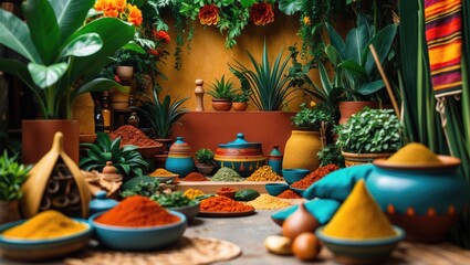 Vibrant display of Viva Mexico amidst greenery and spices