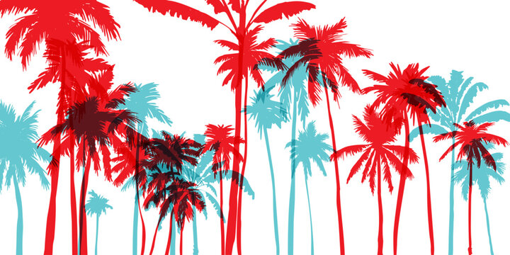 Palm tree silhouettes. Colorful tropical lanscape. Vector horisontal border.