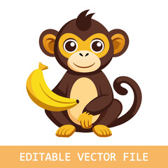 vector illustration of a cartoon monkey holding a large banana, featuring minimal details, smooth lines, and a clean, cheerful design.