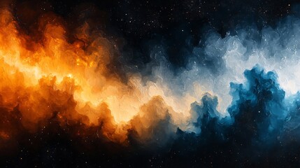 Fototapeta premium Fiery orange and cool blue nebula swirl dramatically across dark space a captivating cosmic dance. AI Generated