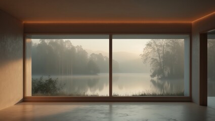 Fototapeta premium contemporary residence, vacant space featuring a window with a view of the lake
