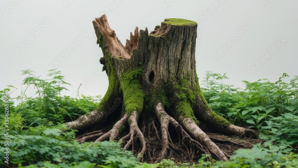 Poster eliminate the tree stump. moss-covered roots. an ancient stump surrounded by vibrant greenery. isola