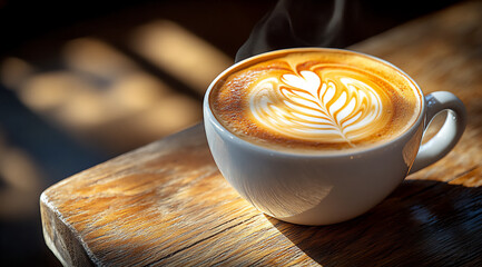 a steaming cup of coffee with latte art on a wooden table in a cafe,