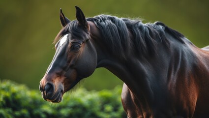 Headshot of a dark-maned draft horse amidst greenery.