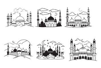 Graceful Mosque Silhouettes Pack,Minimalist Mosque Silhouettes: 6 Variations in Vector Format.