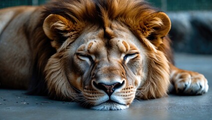 Fototapeta premium Close-up of a sleeping lion resting at the zoo