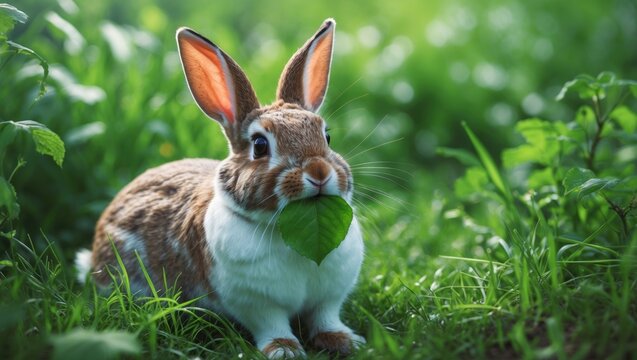 Bunny nibbles on a leaf while relaxing in a grassy field. Adorable rabbit feasting in close-up against a vibrant green setting. Playful red and white bunny munching on grass in the yard. Charming p...