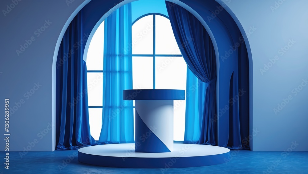 Poster stylish blue and white cylindrical podium set against an arched window backdrop with flowing curtain