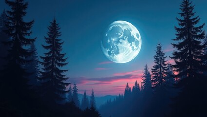 Moonlit Landscape. Dark silhouettes of fir trees against a bright full moon. Majestic super moon.
