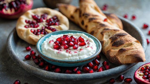 Middle Eastern dish featuring yogurt labneh made from goat's milk, served with taftan bread and pomegranate seeds.