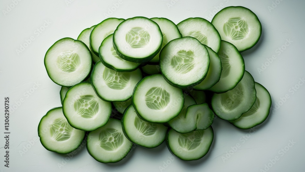 Poster Fresh cucumber slices arranged on a white surface viewed from above
