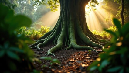 Ancient green tree surrounded by foliage with deep roots. Arenal Volcano National Park. Costa Rica, Central America.