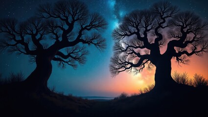 Starlit sky at night with tree silhouettes